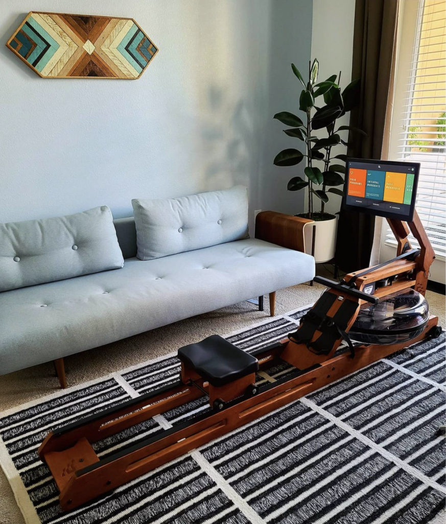 Ergatta rowing machine beside a couch in living room